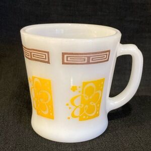 Fire-King Greek Key Yellow Flower Mug – Vintage 1960s Milk Glass D-Handle